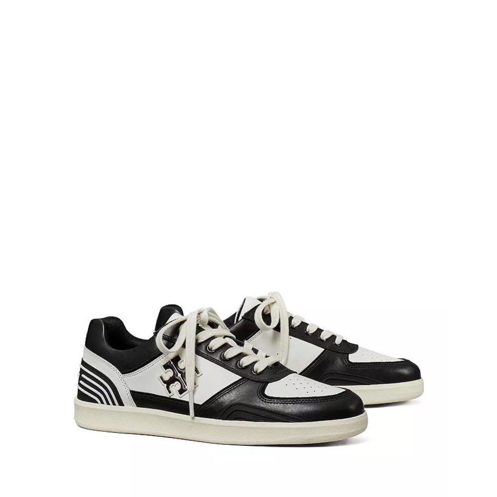 Tory Burch Clover Court Sneakers Black White Leather Low Top Double TLogo sz 7.5